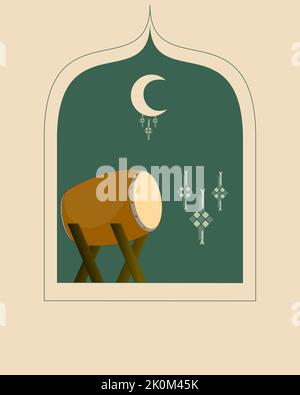 Biglietto d'auguri Ramadan Mubarak di stile moderno con colori pastello, design retrò, luna, cupola della moschea e lanterna, Foto Stock