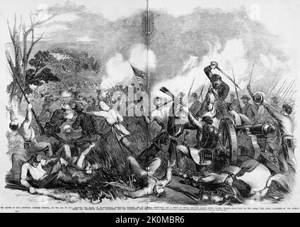 La battaglia di Rich Mountain, West Virginia, il 12th luglio 1861, tra le truppe del maggiore generale George Brinton McClellan comando, guidato dal generale William Rosecrans e una forza di tremila ribelli sotto il colonnello John Pegram - totale rout del nemico con grande massacro da parte dell'ottavo, decimo, E tredici volontari dell'Indiana, e il diciannovesimo reggimento dell'Ohio. Illustrazione della guerra civile americana del 19th° secolo dal quotidiano illustrato di Frank Leslie Foto Stock