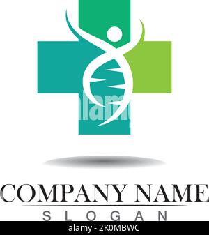 Disegno astratto del logo vettoriale del DNA umano e medico incrociato Illustrazione Vettoriale