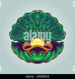 Illustrazioni vettoriali con guscio di perla aperta sull'oceano per il logo del tuo lavoro, maglietta di merchandise, adesivi e disegni di etichette, poster, biglietti d'auguri A. Illustrazione Vettoriale