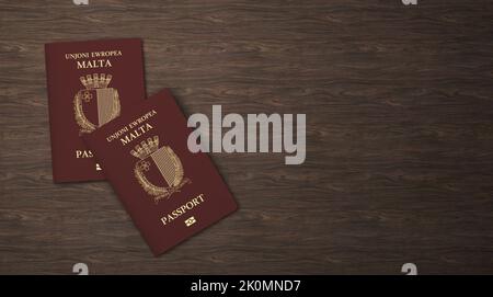 Malta Passport on Wooden Board, Citizenship by Investment Foto Stock