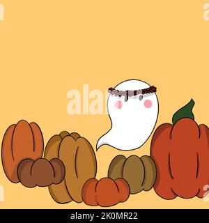 Halloween carino fantasma camminare tra zucche illustrazione Illustrazione Vettoriale