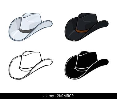 cartone animato cowboy stetson cappello nero e bianco set di 4 vettore isolato su sfondo bianco Illustrazione Vettoriale