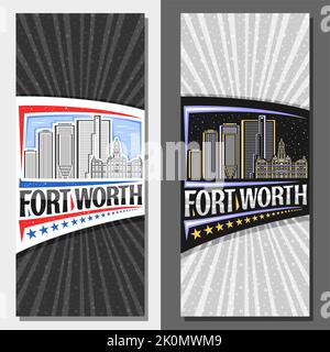 Banner verticali vettoriali per Fort Worth, biglietto decorativo con illustrazione del famoso paesaggio urbano texano di giorno e sfondo del cielo crepuscolo, tour del design artistico Illustrazione Vettoriale