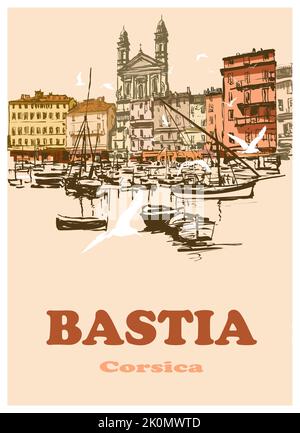 Bastia porto vecchio - Corsica, Francia - illustrazione vettoriale (ideale per la stampa su tessuto o carta, poster o carta da parati, decorazione della casa) Illustrazione Vettoriale