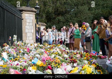 Windsor, Berkshire, Regno Unito. 12th Settembre 2022. Migliaia di tributi floreali, messaggi e disegni per bambini sono stati lasciati di nuovo oggi sulla lunga passeggiata a Windsor in memoria della defunto Regina Elisabetta II Credit: Maureen McLean/Alamy Live News Foto Stock