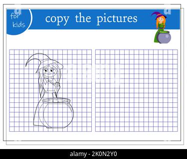 Copia l'immagine, giochi educativi per bambini, la strega fumetto cuoce una pozione in un vettore calderone Illustrazione Vettoriale