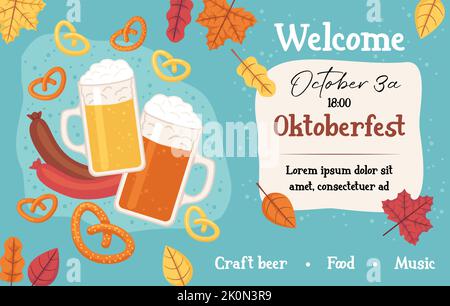 Modello Web Oktoberfest. Festa della birra. Illustrazione vettoriale stock in stile cartoon piatto. Illustrazione Vettoriale