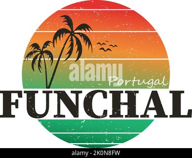 Vector illustration, lettering composition. Funchal Portuguese city on Madeira island. Calligraphy, handwritten logo. Design for postcards, t-shirts Illustrazione Vettoriale