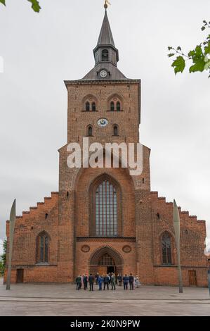 Persone in piedi di fronte alla cattedrale di san canuto a Odense, Danimarca, 27 agosto 2022 Foto Stock