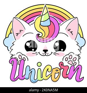 Arcobaleno gatto unicorno Kawaii. Unicorno con lettere. Stile Doodle. Per la progettazione di stampe, poster, adesivi, biglietti, t-shirt e così via da parte dei bambini. Vettore Illustrazione Vettoriale