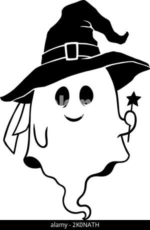 Carino cartone animato Halloween Ghost con cappello witchs. Illustrazione vettoriale Illustrazione Vettoriale