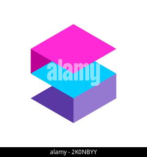 Modello colorato del logo S con lettere geometriche. Proiezione isometrica rettangolare esagonale. Le forme quadrate costituiscono un simbolo alfabetico in diversi livelli. Vettore Illustrazione Vettoriale