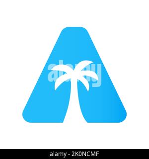Lettera A Palm Tree Logo Design Concept for Travel Beach Landscape Icon Vector Template Illustrazione Vettoriale