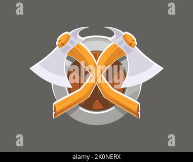Scudo con assi guerrieri, stemma - immagine vettoriale con logo in stile cartoon colorato. Illustrazione Vettoriale