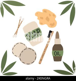 Graziosa illustrazione vettoriale disegnata a mano con prodotti da bagno a zero sprechi per uno stile di vita ecologico Illustrazione Vettoriale