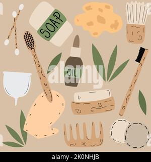 Graziosa illustrazione di sfondo con motivo vettoriale senza cuciture e design piatto prodotti da bagno ecologici e con rifiuti bio-zero disegnati a mano Illustrazione Vettoriale