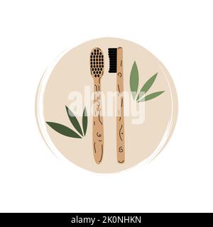 Grazioso logo o icona vettoriale con spazzolini ecologici in bambù, illustrazione su cerchio con texture a pennello, per storie e momenti salienti sui social media Illustrazione Vettoriale