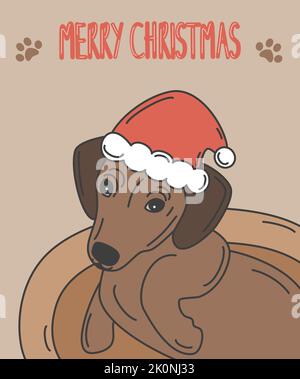 Carino cartone animato festivo immagine vettoriale con personaggio cucciolo con cappello di babbo natale Illustrazione Vettoriale