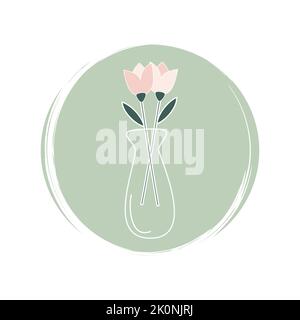 Grazioso logo o icona vettoriale con vaso romantico con tulipani sul cerchio con texture a pennello, per storie e momenti salienti sui social media Illustrazione Vettoriale