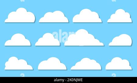 Bianco cute nuvole piatte set isolato su sfondo blu paesaggio. Astrarre la raccolta di simboli di icone di forme nuvolose diverse. Banner Web cartoon di archiviazione Internet di rete. Pensate al concetto di bolla del parlato Illustrazione Vettoriale