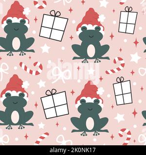 Carino cartoon mano disegnata vacanze senza cuciture modello vettoriale con divertente rana verde con cappello rosso babbo natale, scatola regalo e altre decorazioni natalizie Illustrazione Vettoriale