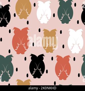 carino disegno astratto disegno vettoriale seamless disegno con silhouette di gufo colorato e coriandoli neri su sfondo rosa Illustrazione Vettoriale