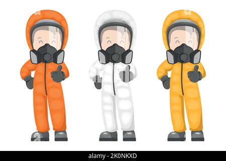 Operatore industriale con tuta protettiva e maschera respiratore per materiali tossici, radioattivi e biologici. Sicurezza industriale e salute sul lavoro Illustrazione Vettoriale