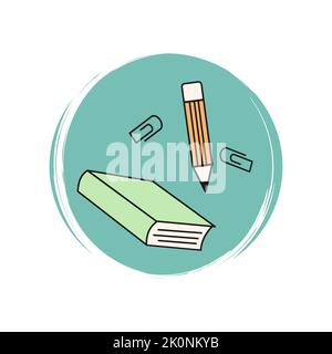 Logo icona carino con elementi di cancelleria, illustrazione vettoriale su cerchio con motivo a pennello per mettere in risalto la storia dei social media Illustrazione Vettoriale