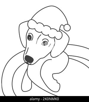 Carino cartoni animati in bianco e nero, immagine vettoriale delle festività, per colorare le opere d'arte con il cane del bambino con il cappello di babbo natale Illustrazione Vettoriale