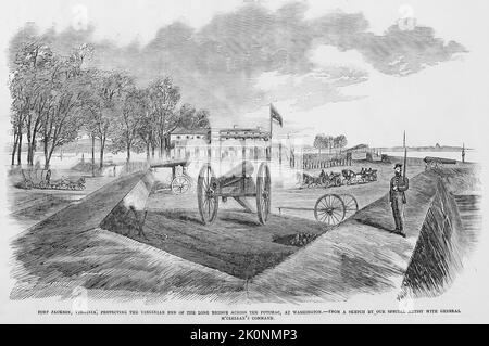 Fort Jackson, Virginia, protegge l'estremità Virginiana del ponte lungo il fiume Potomac, a Washington. Settembre 1861. Illustrazione della guerra civile americana del 19th° secolo dal quotidiano illustrato di Frank Leslie Foto Stock