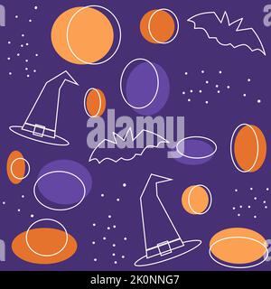 Illustrazione colorata e moderna di halloween con motivo vettoriale senza cuciture con cappelli da strega, pipistrelli e forme geometriche astratte Illustrazione Vettoriale