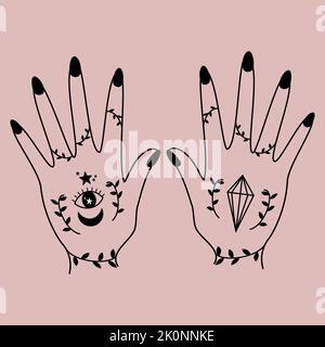 Cute mano disegnata mani ornate doodle con simboli sacri in stile bohémien vettore illustrazione Illustrazione Vettoriale