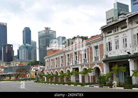 La rinnovata Stazione di Jinrikisha, l'ex deposito di risciò di Singapore, all'incrocio tra South Bridge, Maxwell e Neil Roads a Chinatown Foto Stock