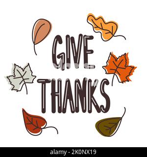 Cute mano disegnata lettere dare grazie con foglie di caduta thanksgiving vettore illustrazione della scheda Illustrazione Vettoriale