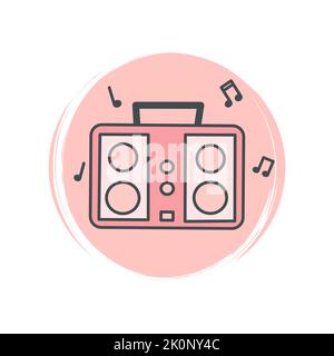 Logo carino o icona vettoriale con boombox retrò, illustrazione su cerchio con texture pennello, per la storia e l'evidenziazione dei social media Illustrazione Vettoriale