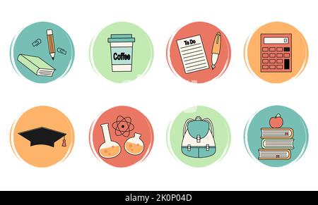 Set vettoriale di modelli di logo, icone e badge per i social media con simpatici elementi scolastici Illustrazione Vettoriale