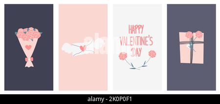 Set vettoriale di abstract adorabili modelli di logo con bouquet di fiori, lettera d'amore, felice San Valentino del testo e simboli scatola regalo per medi sociali Illustrazione Vettoriale