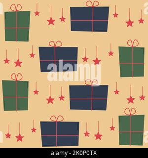 Carino vacanze senza cuciture modello vettoriale di sfondo illustrazione con regalo di natale scatola e stelle Illustrazione Vettoriale