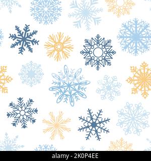 Fiocchi di neve piatti invernali modello senza cuciture. Fiocco di neve congelato semplice stampa in tessuto, simboli natalizi. Nuovo anno nevicata decente disegno vettoriale Illustrazione Vettoriale