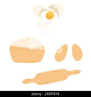 Ciotola di legno con farina, uova, rolling pin in cartoon piatto. Set di ingredienti e utensili per la cottura e la pasticceria. Illustrazione vettoriale Illustrazione Vettoriale