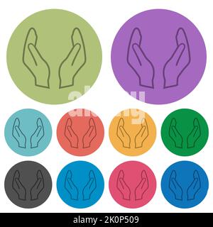 Mani di protezione vuote delineano icone piatte più scure su sfondo rotondo a colori Illustrazione Vettoriale