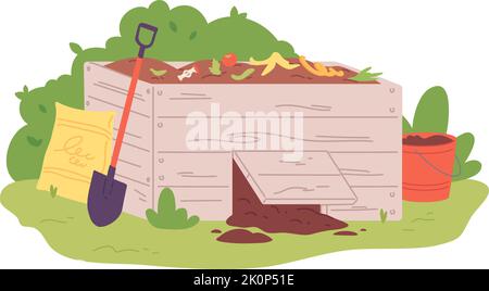 Scatola di compost. Materiale organico di humus in bidone di legno, decomposizione agricoltura bio spreco concime concime concime concime compostaggio frutta verdura cibo sporco cumulo suolo, arish vettore illustrazione di composto humus Illustrazione Vettoriale