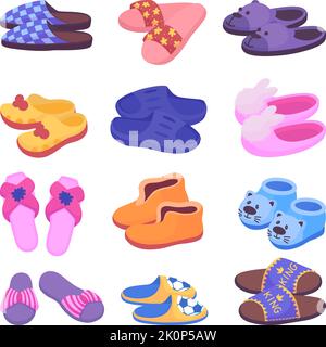 Set di cartoni animati Home pantofole. Slipper invernale in pelliccia per bambini e adulti, scarpe soffici. Varie scarpe comode e calde, indumento isolato in stile neoterico vettoriale Illustrazione Vettoriale