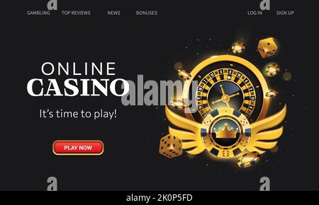 Pagina di destinazione online del Casinò. Chip volante realistico, ruota della roulette, chip di poker e dadi su sfondo nero. Modello UI interfaccia homepage sito Web. Illustrazione Vettoriale