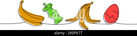 Set di rifiuti organici disegno continuo a una linea colorata. Buccia di banana, crostata di mela, guscio d'uovo continuo una linea colorata illustrazione set. Illustrazione Vettoriale