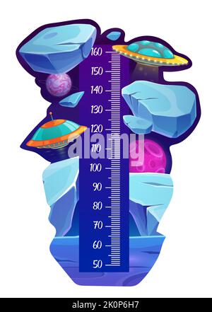 Superficie del pianeta spaziale e UFO sulla tabella dell'altezza dei bambini o sul misuratore di crescita. Misura altezza bambino prescolare scala centimetri vettoriali cartoni animati. Adesivo o righello della carta di crescita per bambini con piattino volante alieno Illustrazione Vettoriale