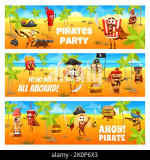 I pirati dei cartoni animati danno da mangiare ai personaggi di Treasure Island, la festa dei bambini vettoriali della caccia al tesoro. Simpatico capitano pirata e marinaio hamburger, pizza, bibita gassata, hot dog, popcorn e taco con bandiera pirateria, cappelli Illustrazione Vettoriale