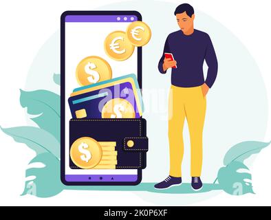 Concetto di portafoglio digitale. Il giovane uomo ricco paga la carta utilizzando il pagamento mobile. Illustrazione vettoriale. Piatto. Illustrazione Vettoriale