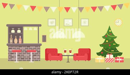 Albero di Natale, bancone bar, due comode poltrone a tre quarti e bicchieri con VIN brulé sul tavolino da caffè. Illustrazione Vector. Cartone animato stile piatto Illustrazione Vettoriale